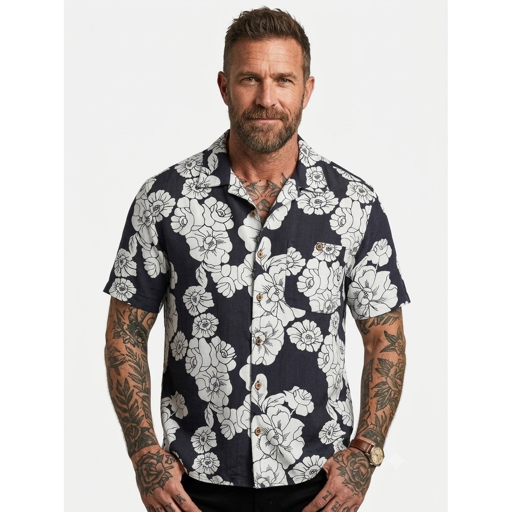 Bobby Chan Mens XXL 100% Silk Floral‎ Camp Shirt Short Sleeve Button Down Navy